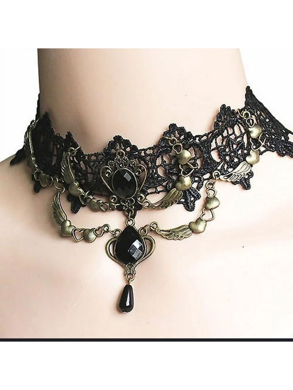 Gothic Steampunk Choker Lace Heart Wing Teardrop Collar Necklace